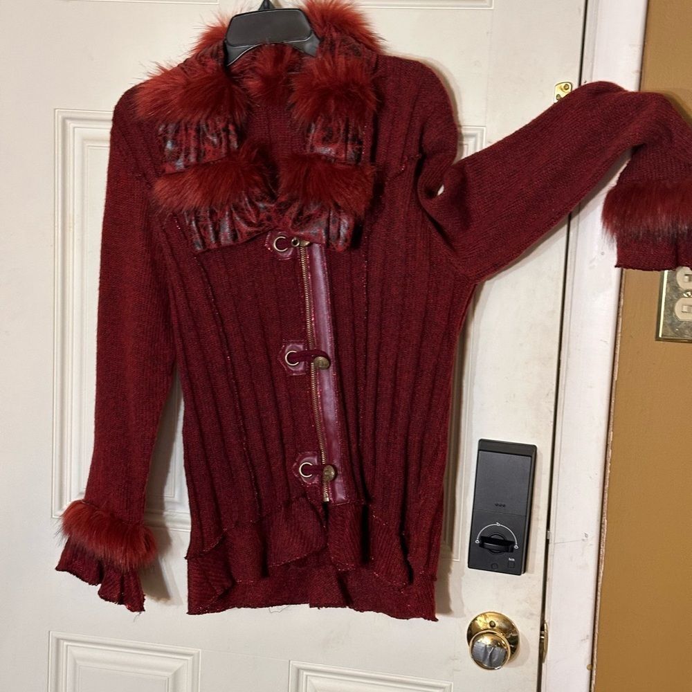 Artsy red faux fur sweater with gold buttons and zippers - XL
